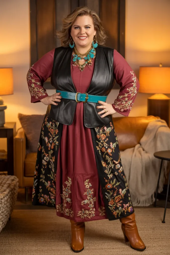 Plus Size Leather Vest with Embroidered Maxi