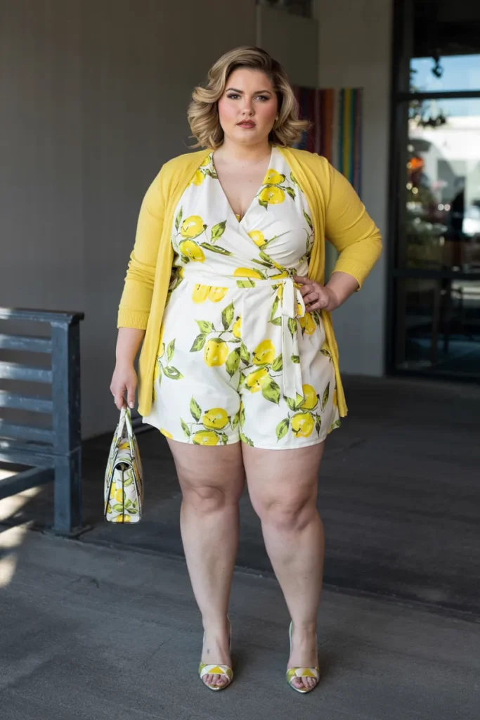 Plus Size Lemon Print Wrap Romper with Yellow Cardigan Easter Outfit