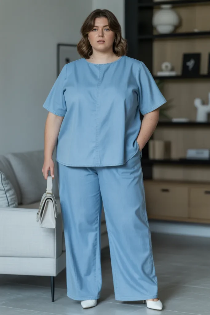 Plus Size Light Blue Round Neck Tencel Denim Two Piece Wide Leg Pant Set