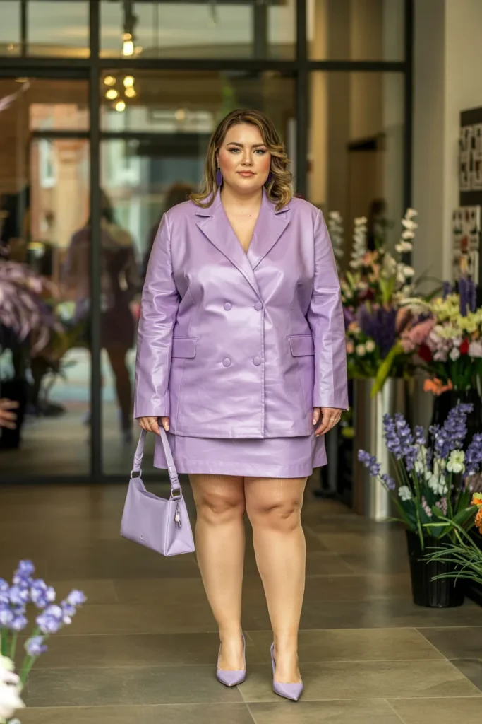 Plus Size Lilac Linen Blazer Dress with Lavender Accessories Easter Outfit