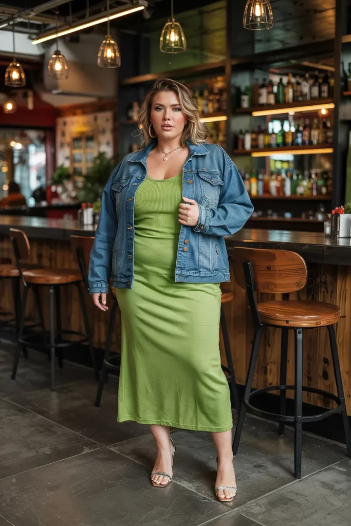 Plus Size Lime Green Knit Dress With Denim Jacket Outfit
