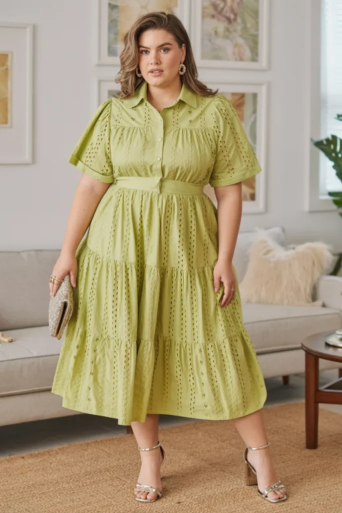 Plus Size Lime Green Tiered Eyelet Dress with Collar Two Piece Skirt Set