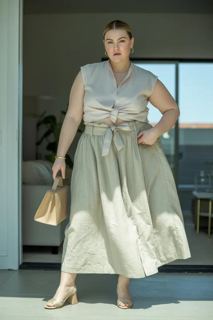 Plus Size Linen Paperbag Waist Summer Skirt Outfit