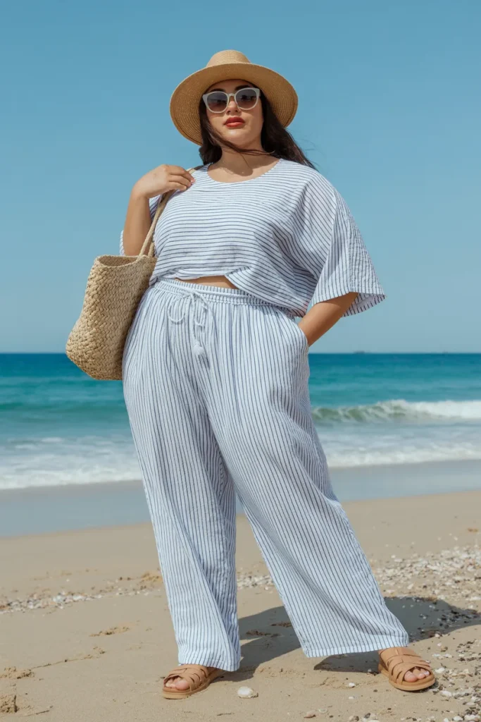 Plus Size Linen Striped Set with Wide-Leg Drawstring Pants