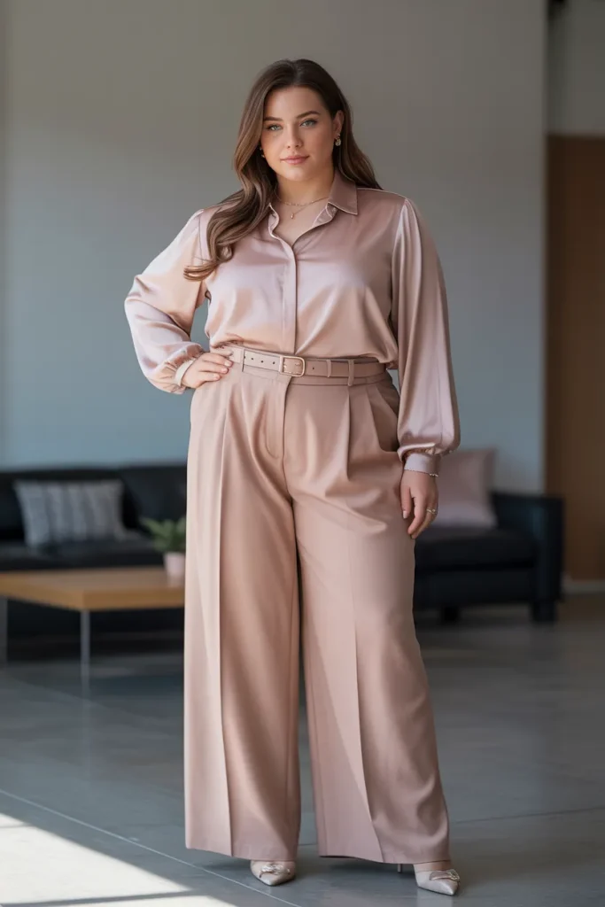 Plus Size Long Sleeve Blouse and Wide Leg Pant Set Summer Outfit