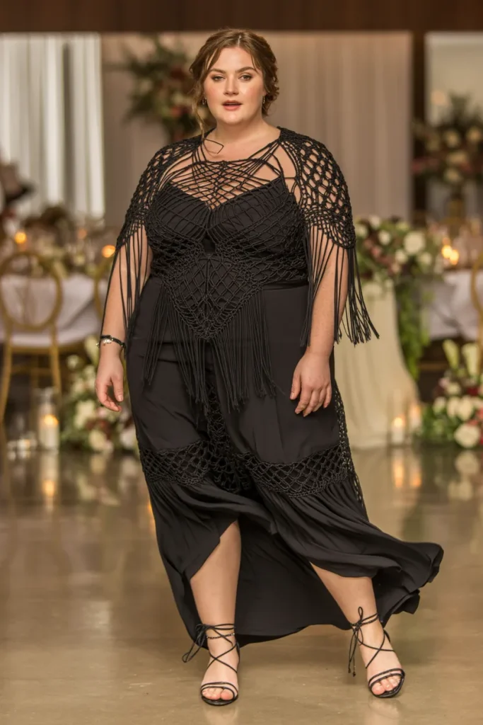 Plus Size Macrame Lace Bohemian Black Wedding Dress