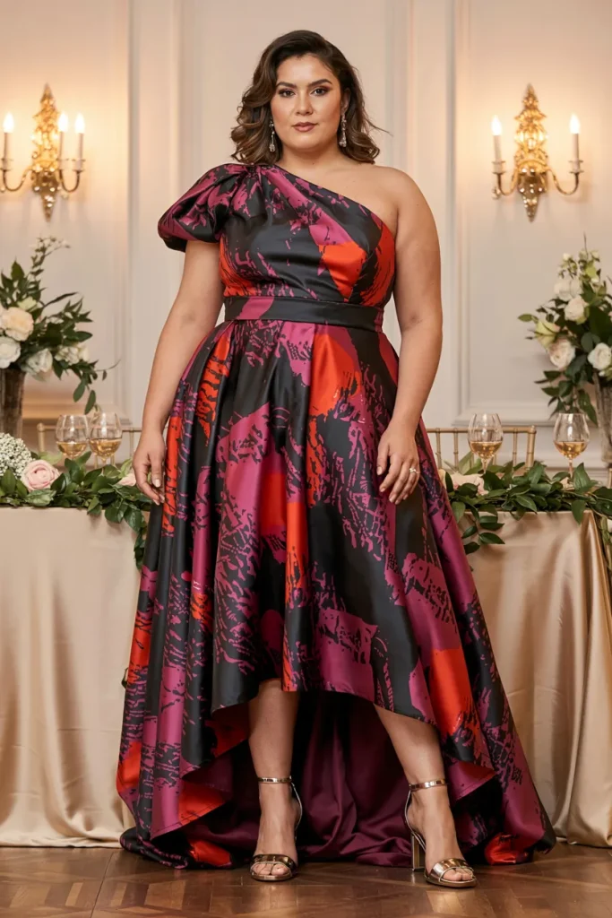 Plus Size Mandira Wirk One-Shoulder Printed Wedding Guest Dress