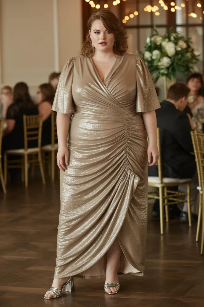 Plus Size Metallic Crinkled Mesh Draped Long Gown Wedding Guest Dress