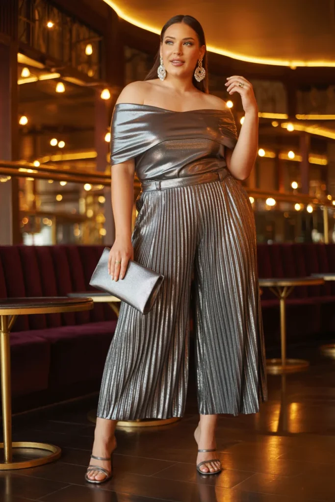Plus Size Metallic Pleated Culottes and Off Shoulder Top Summer Club Outfit