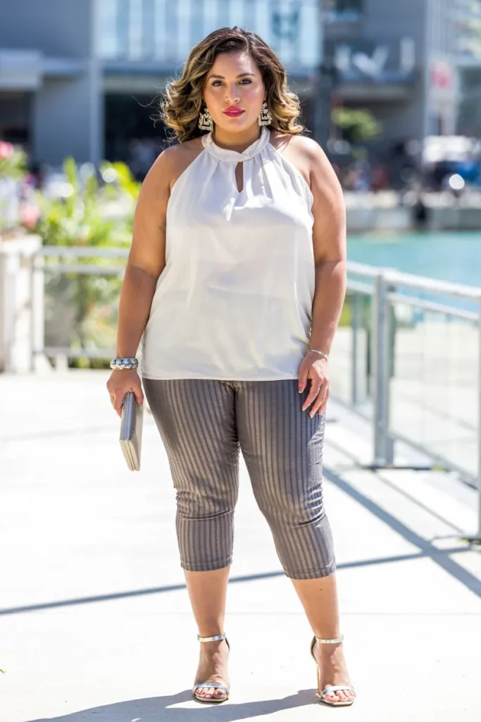 Plus Size Metallic Thread Capri Legging Summer Outfit