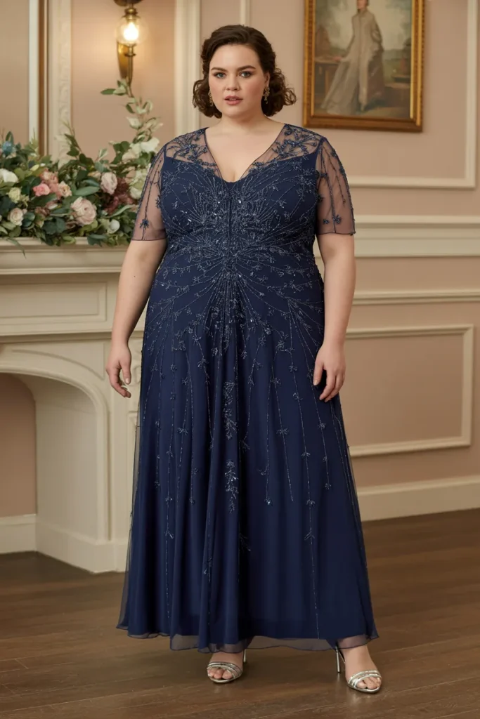 Plus Size Midnight Blue Embellished Black Tie Wedding Guest Gown