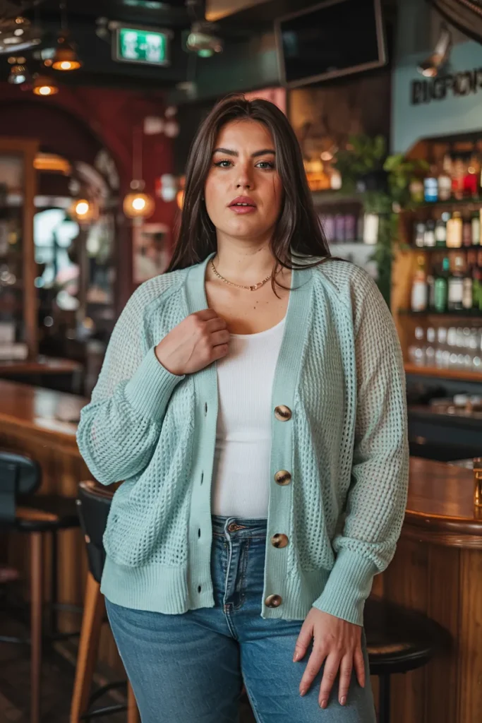 Plus Size Mint Green Cardigan With Gold Button Jeans Outfit