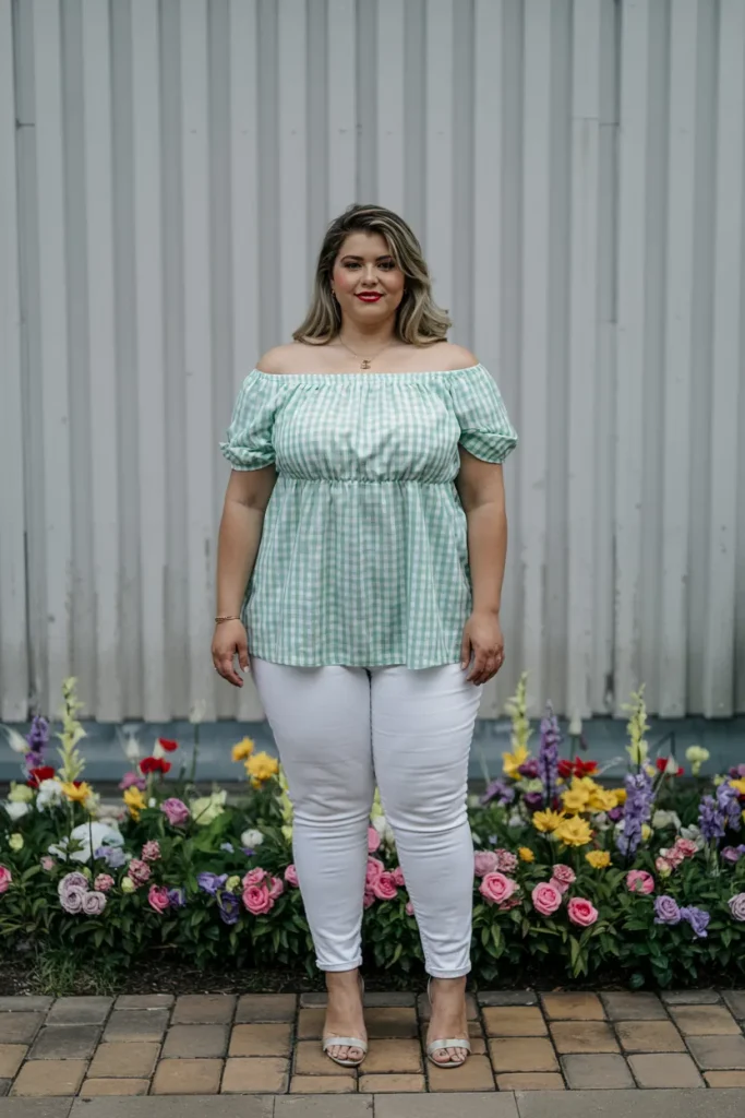 Plus Size Mint Green Gingham Off the Shoulder Top with White Skinny Jeans Easter Outfit
