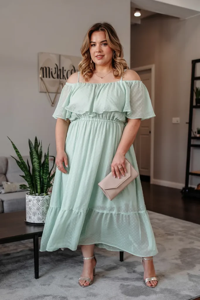 Plus Size Mint Green Off the Shoulder Ruffle Dress with Blush Accessories Easter Outfit