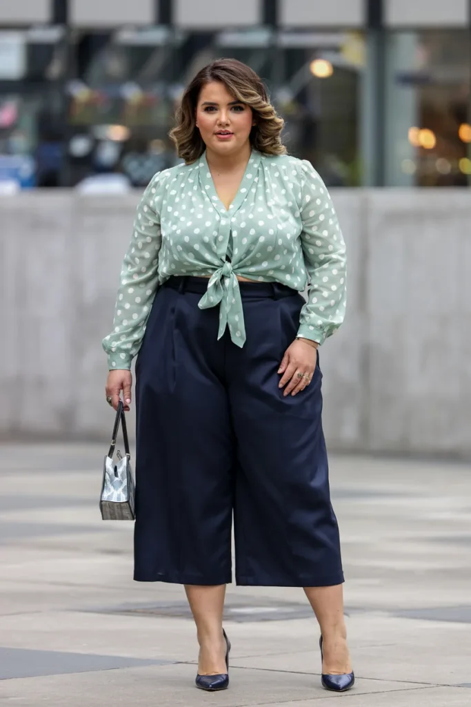 Plus Size Mint Green Polka Dot High Low Hem Blouse with Navy Culottes Easter Outfit