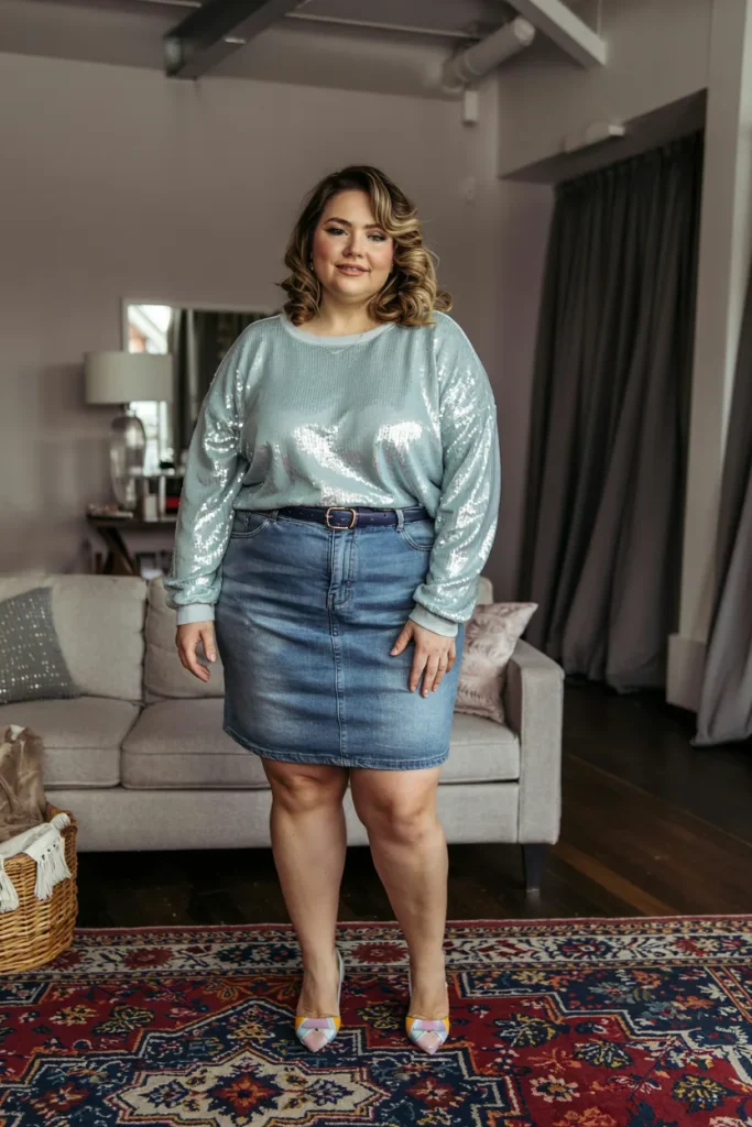 Plus Size Mint Sequin Sweater Denim Skirt Easter Outfit