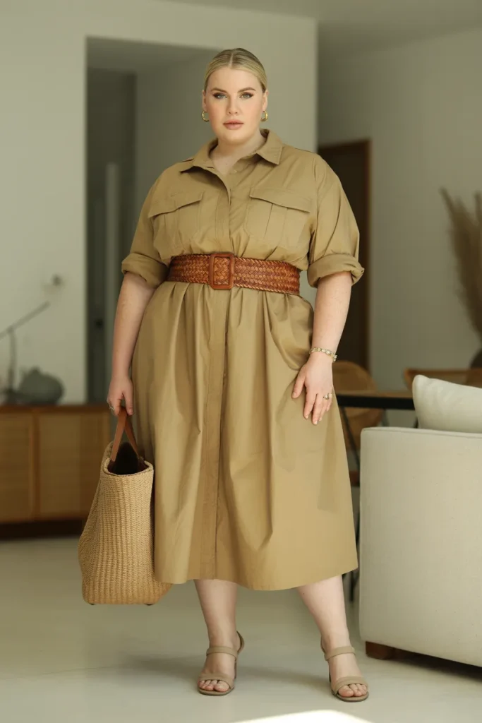 Plus Size Modest Belted Safari Dress Summer Outfit