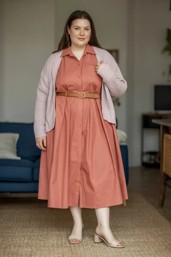 Plus Size Modest Belted Shirtdress and Cropped Cardigan Summer Outfit