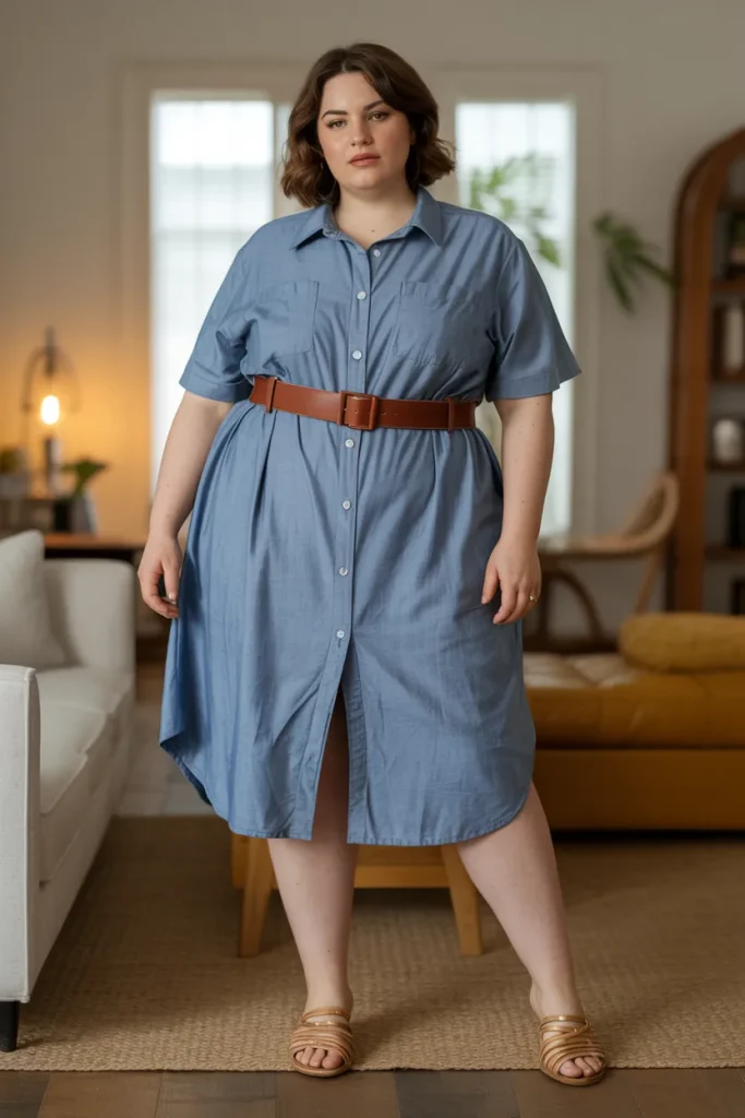 Plus Size Modest Chambray Shirt Dress Summer Outfit