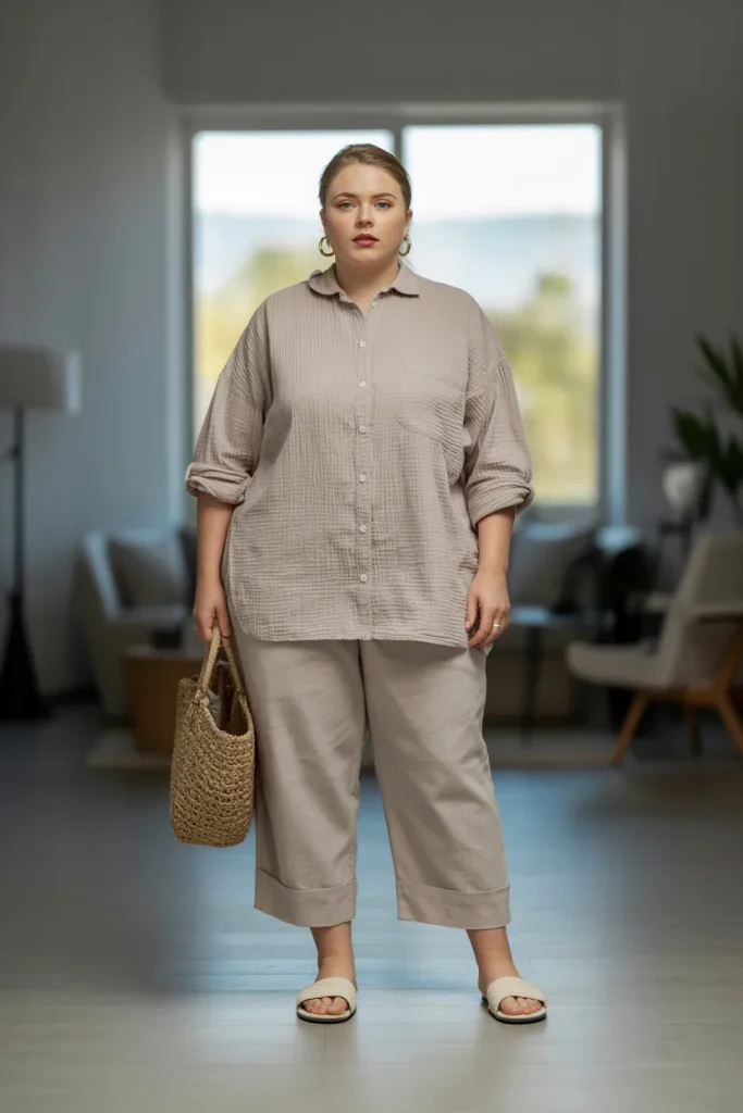 Plus Size Modest Cotton Gauze Oversized Shirt and Linen Cropped Pants Summer Outfit