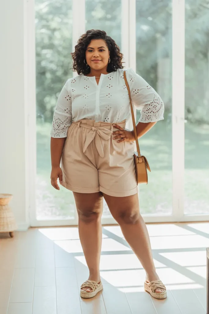 Plus Size Modest Eyelet Blouse and Paper Bag Waist Shorts Summer Outfit