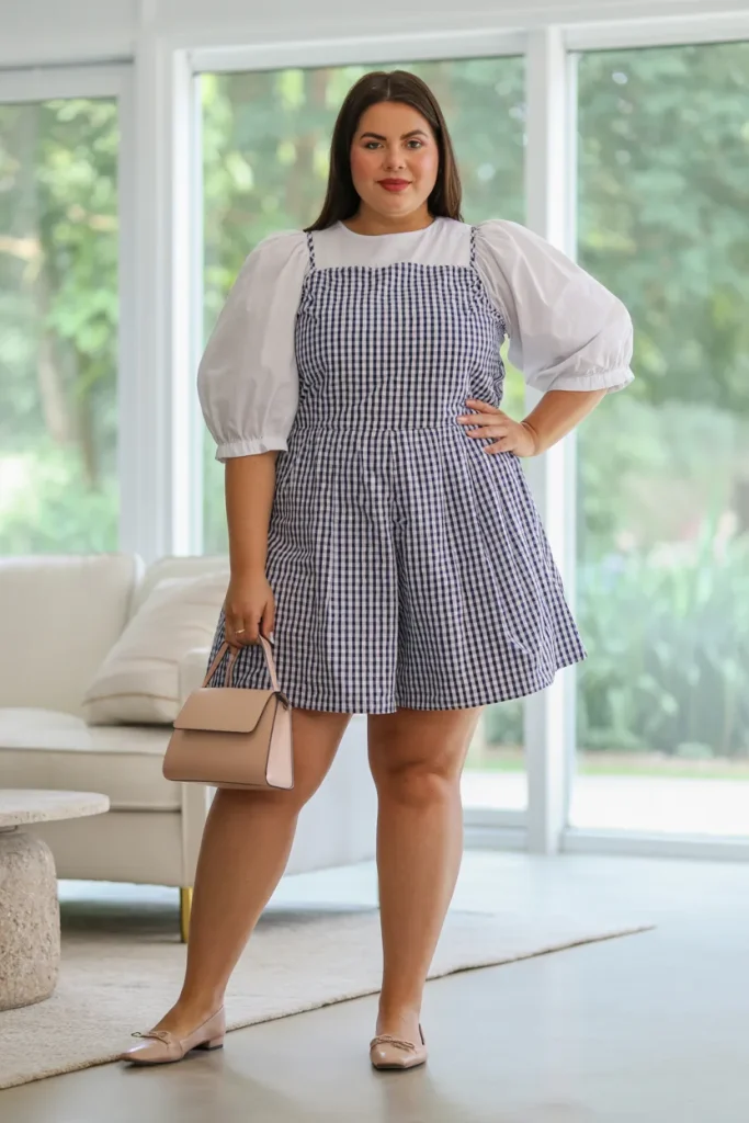 Plus Size Modest Gingham Skort and Puff Sleeve Blouse Summer Outfit