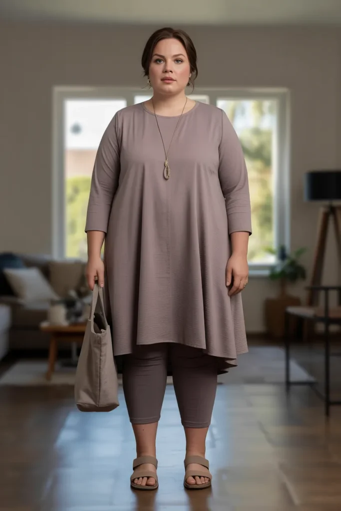 Plus Size Modest Layered Tunic and Cropped Leggings Summer Outfit