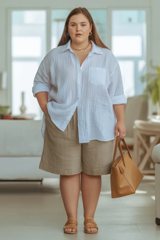 Plus Size Modest Linen Bermuda Shorts and Oversized Button Down Summer Outfit