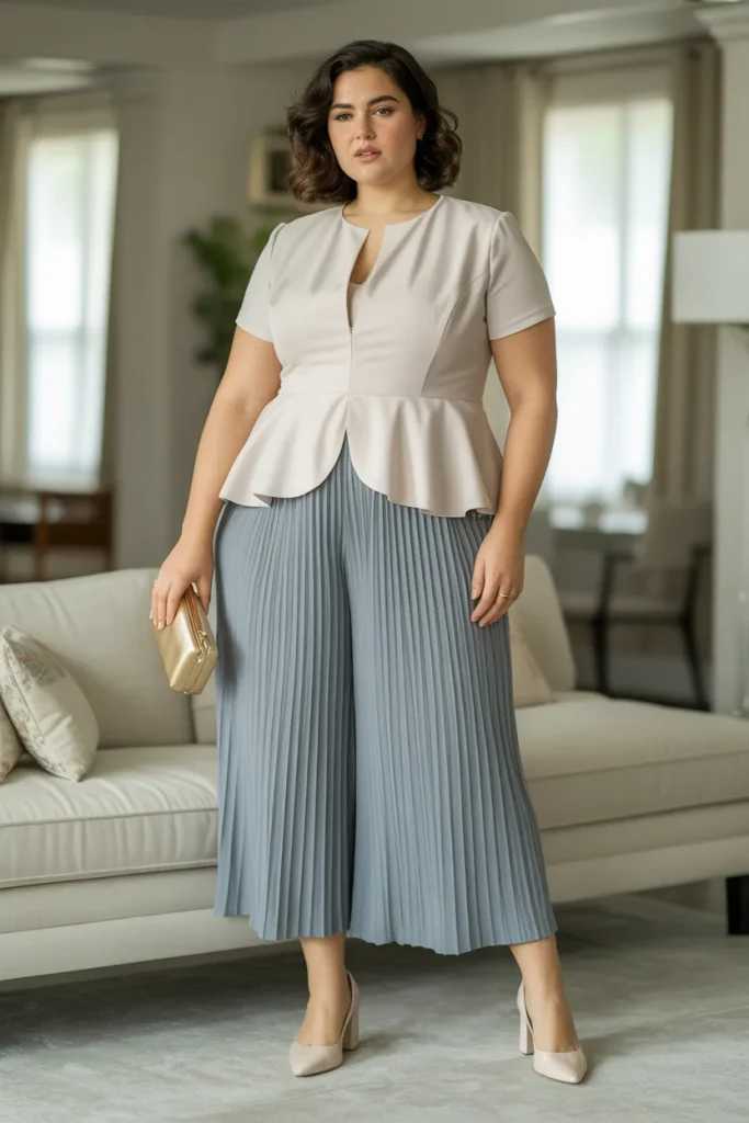 Plus Size Modest Pleated Culotte and Peplum Top Summer Outfit