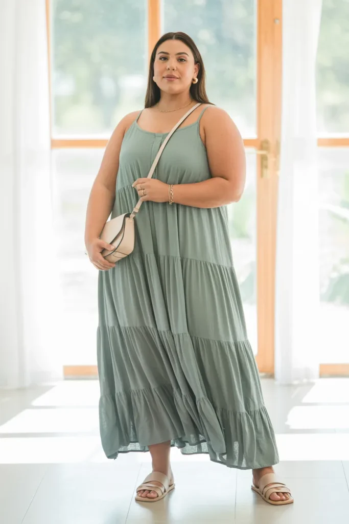 Plus Size Modest Sage Green Tiered Maxi Dress with Simple Sandals Summer Outfit