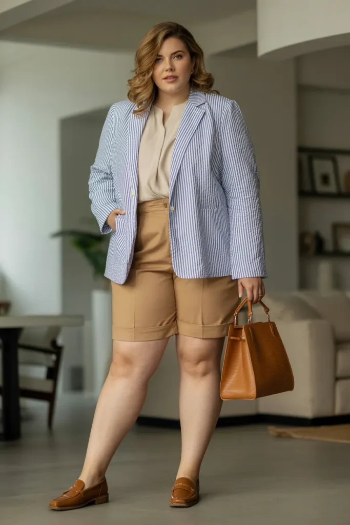 Plus Size Modest Seersucker Blazer and Chino Shorts Summer Outfit