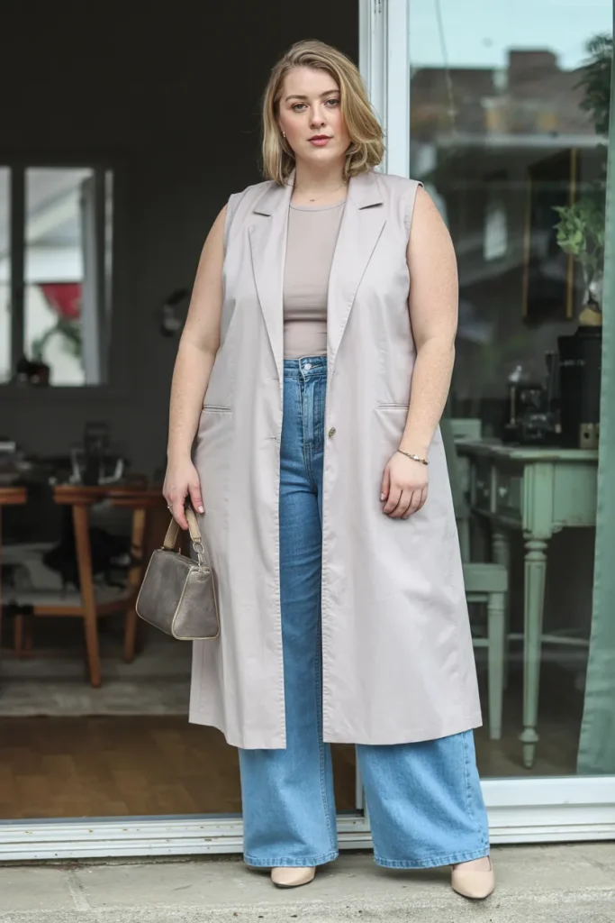 Plus Size Modest Sleeveless Vest and Wide Leg Jeans Summer Outfit