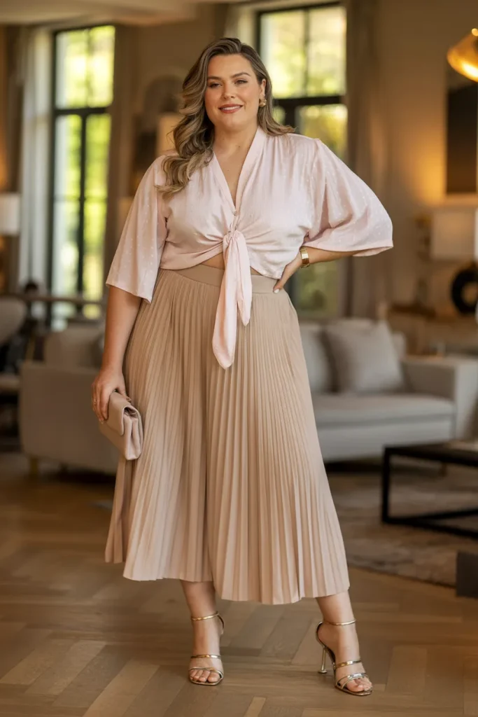 Plus Size Modest Tie Front Blouse and Pleated Midi Skirt Summer Outfit
