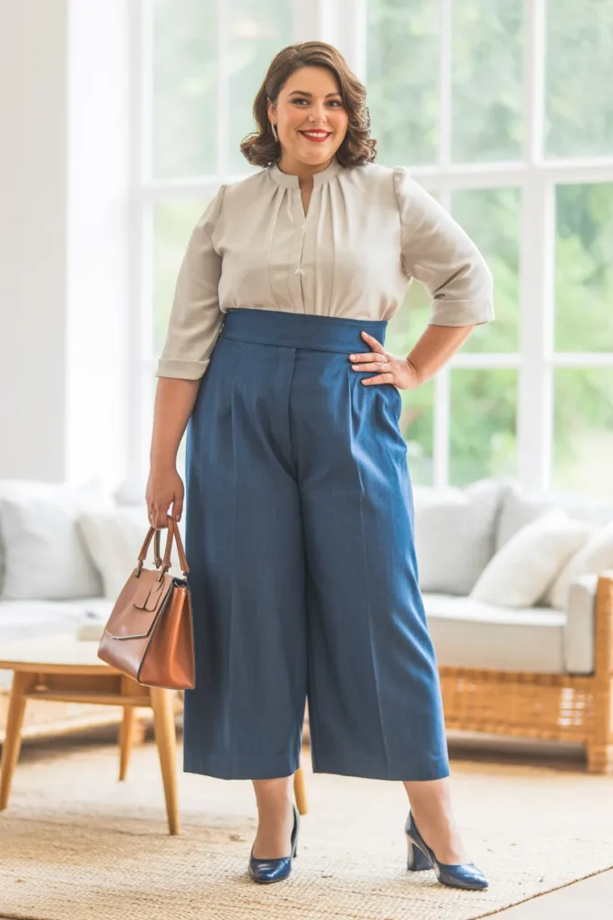 Plus Size Modest Vintage Inspired High Waist Culottes and Blouse Summer Outfit