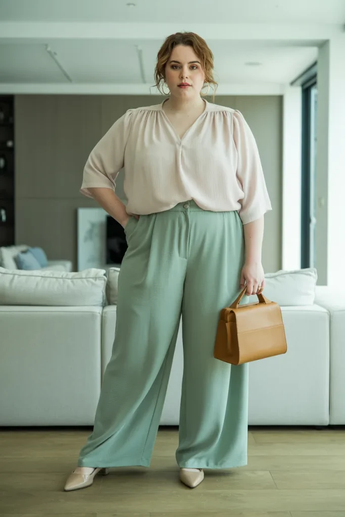 Plus Size Modest Wide-Leg Trousers with Lightweight Blouse Summer Outfit