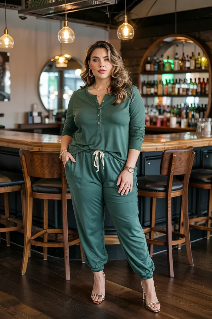 Plus Size Moss Green Henley With Gold Accent Joggers Outfit