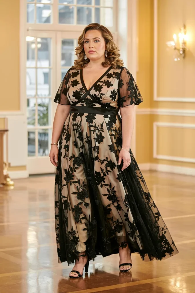 Plus Size Mother Of The Bride Black Floral See Through Tulle Satin Maxi Dress