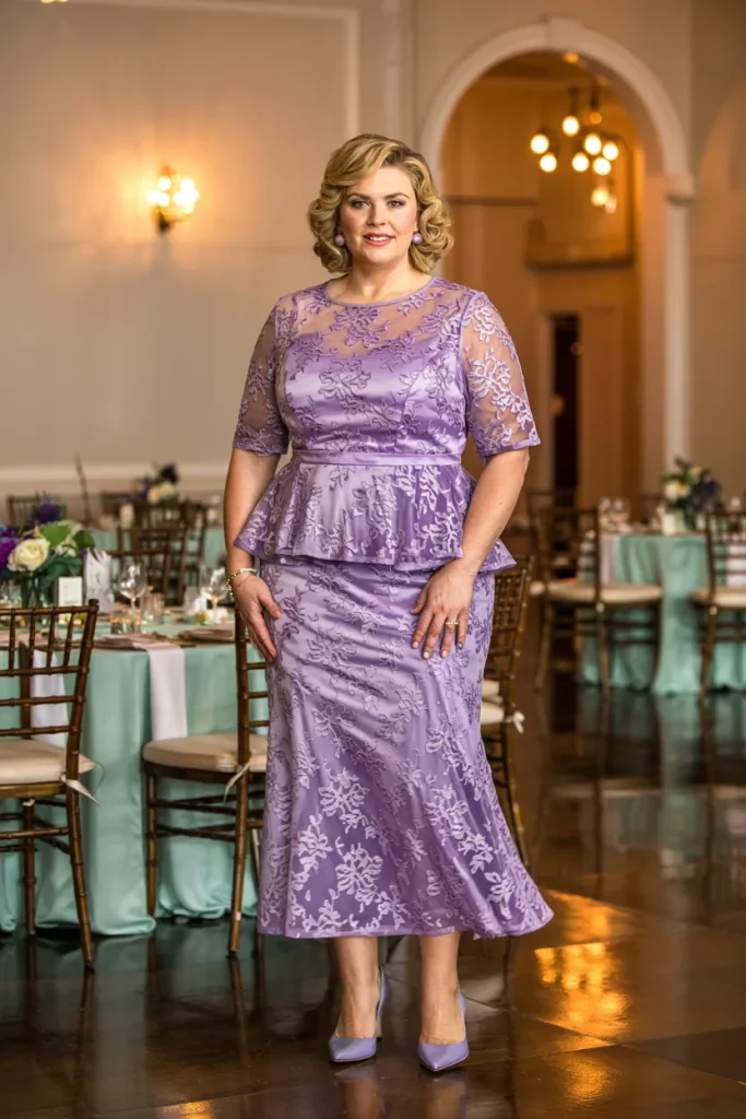 Plus Size Mother Of The Bride Purple Peplum See Through Lace Midi Dress