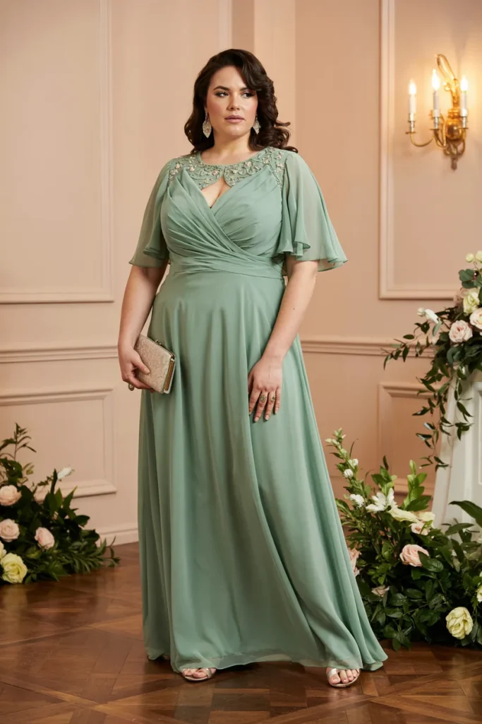 Plus Size Mother Of The Bride Sage Green Cape Sleeve Chiffon Maxi Dress