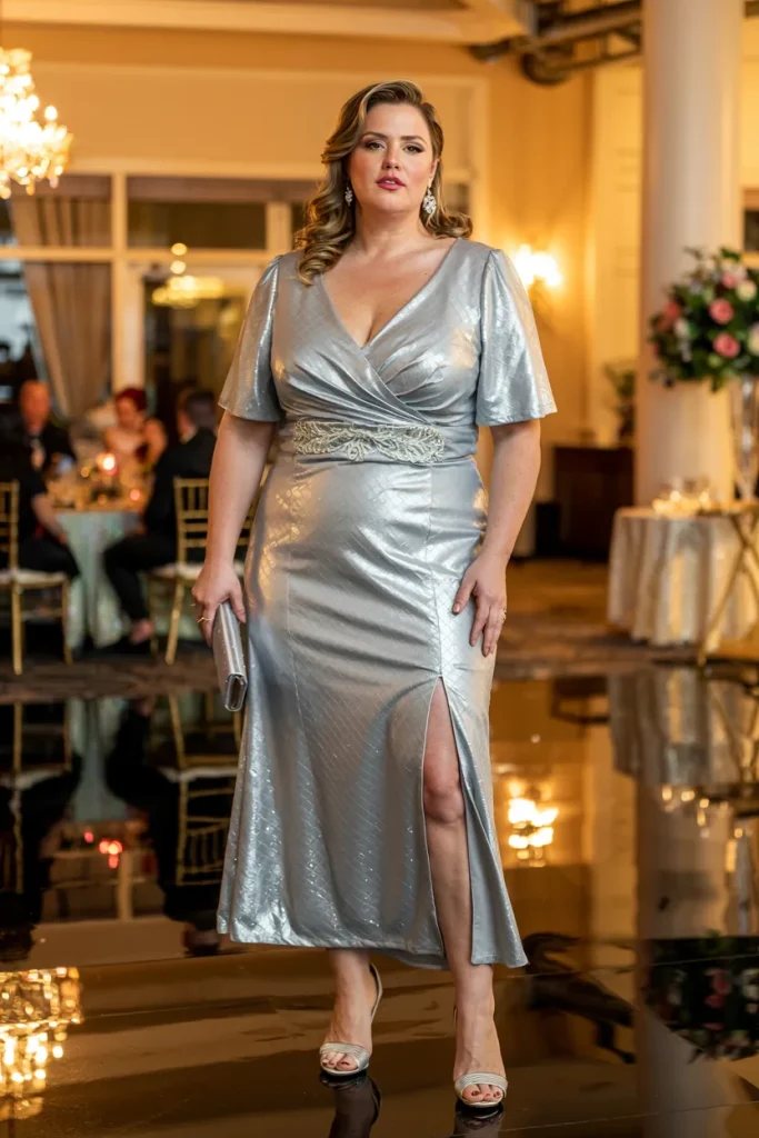Plus Size Mother Of The Bride Silver Split Glitter Midi Dress