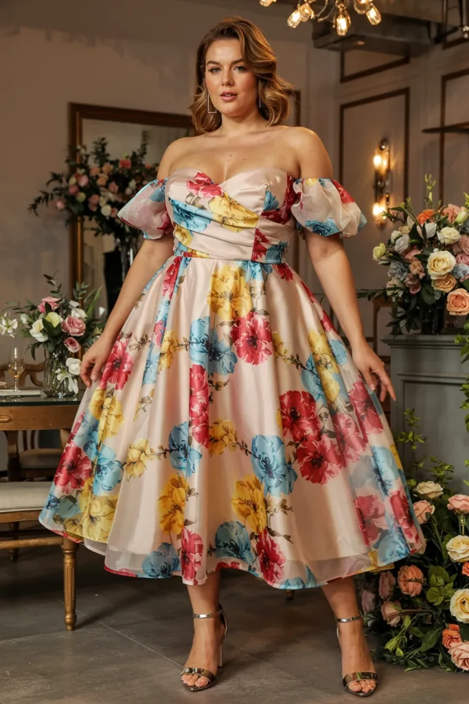 Plus Size Multicolor Floral Off Shoulder Tulle Midi Dress with Pockets