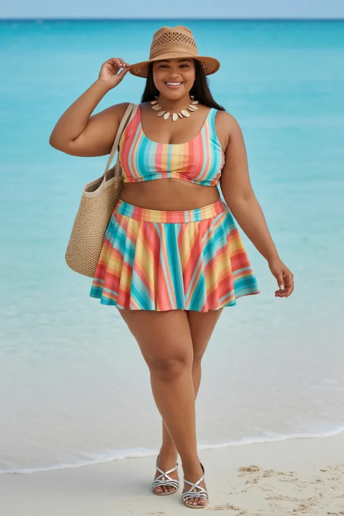 Plus Size Multicolor Striped Two Piece with Flared Skirt