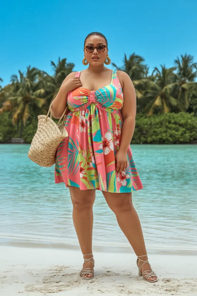 Plus Size Multicolor Tropical Empire Waist Swim Dress