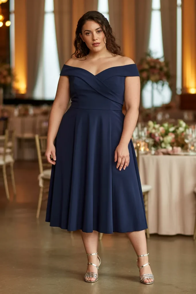 Plus Size Navy Blue Bardot Neckline Midi Wedding Guest Dress