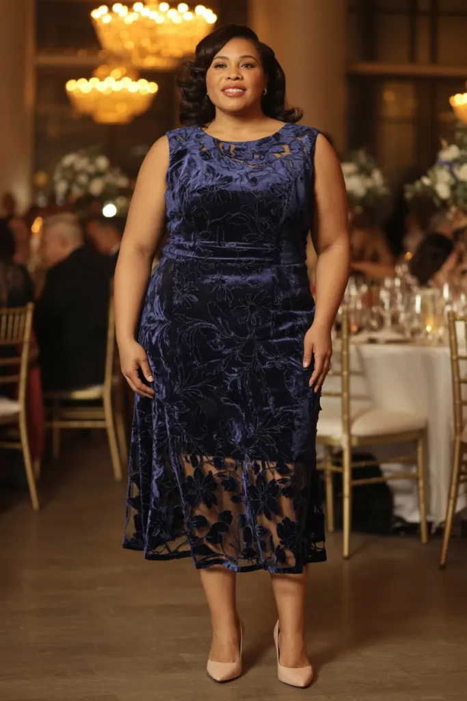 Plus Size Navy Blue Burnout Velvet Tea Length Wedding Guest Dress