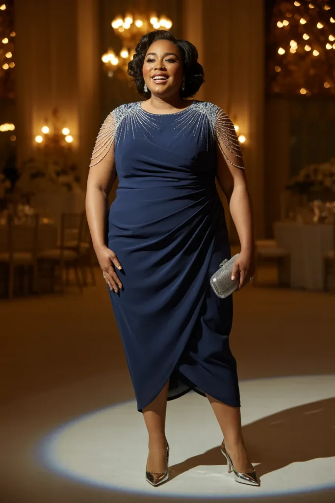 Plus Size Navy Blue Crystal Embellished Shoulder Wedding Guest Dress