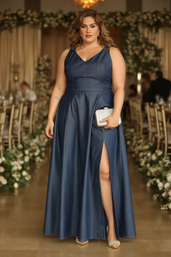 Plus Size Navy Blue Denim High Slit Maxi Wedding Guest Dress