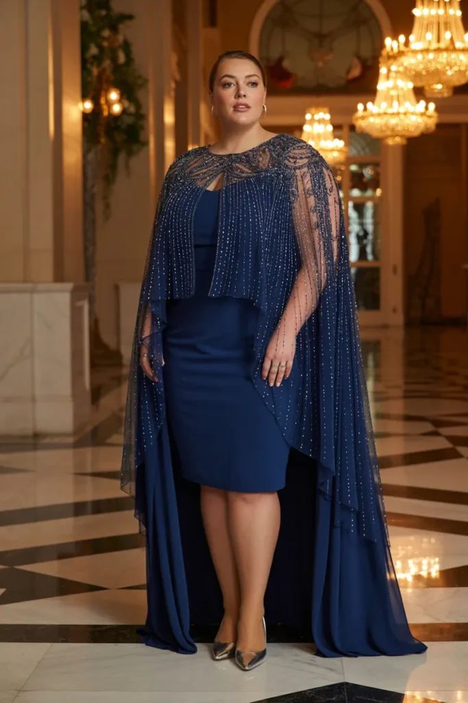 Plus Size Navy Blue Embellished Cape Wedding Guest Dress