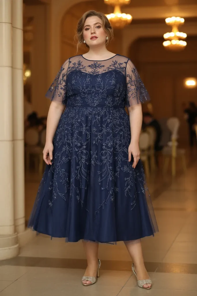Plus Size Navy Blue Embroidered Tulle Overlay Wedding Guest Dress