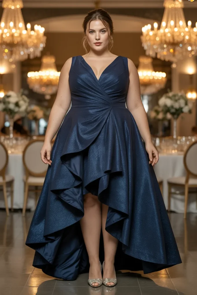 Plus Size Navy Blue Glitter Ruffled High-Low Front Slit Wedding Guest Dress